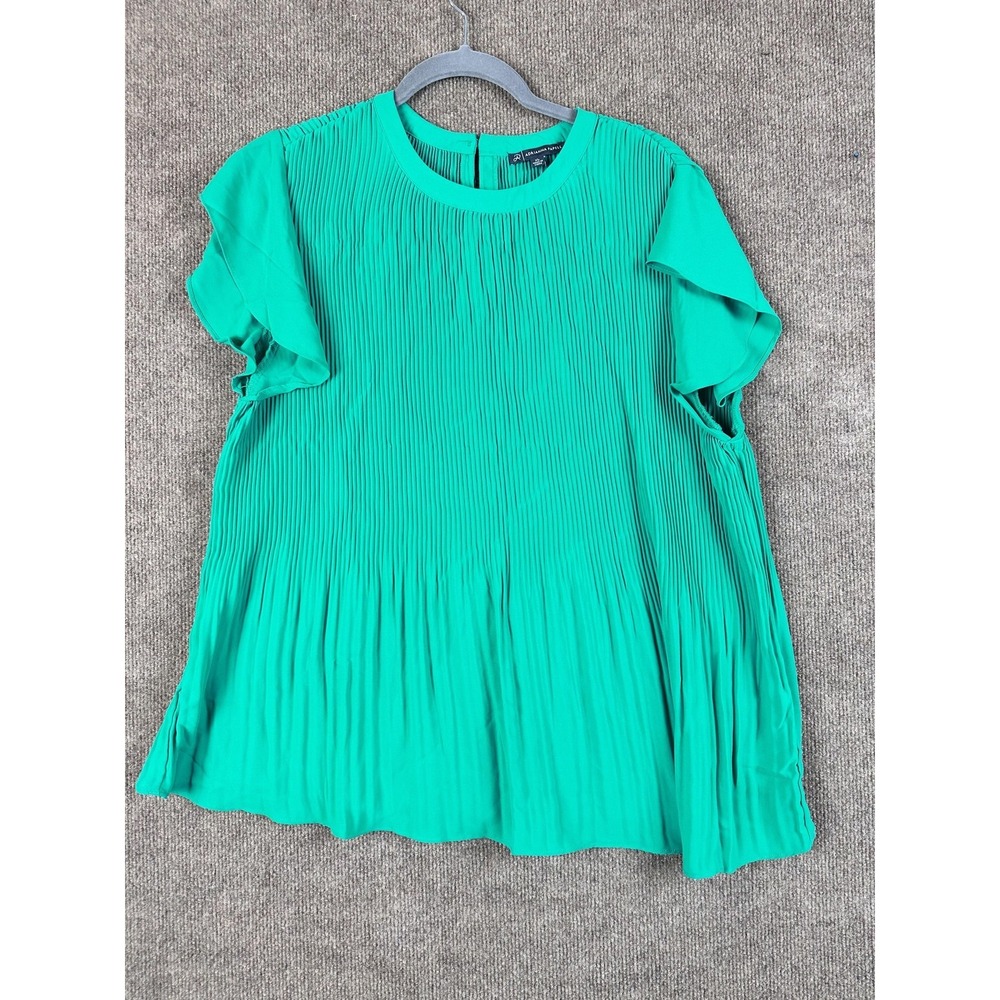 Adrianna Papell Blouse Womens XL Green Tunic Flutter Sleeve Pleated Chiffon